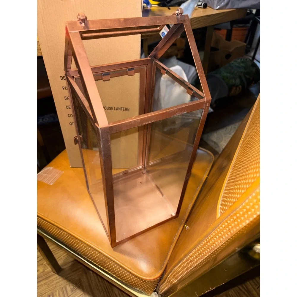 2 Copper Metal House Lantern Glass Candle Holder 16 Inch Modern  Decor